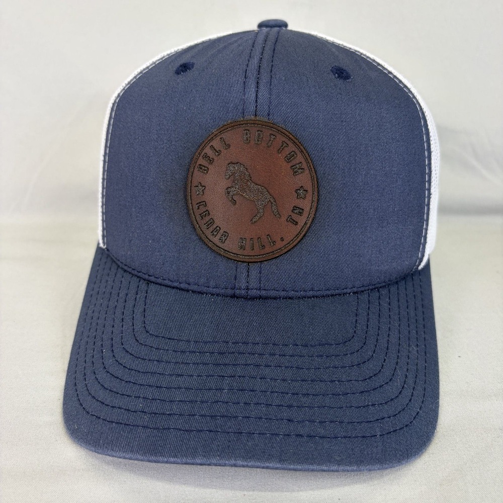 Yupoong Trucker Hat Bell Bottom Horse Patch Unisex OSFM Navy Blue Mesh Cap